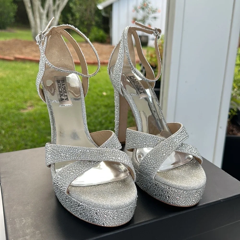 Badgley Mischka Silver Crystal Platform Sandals